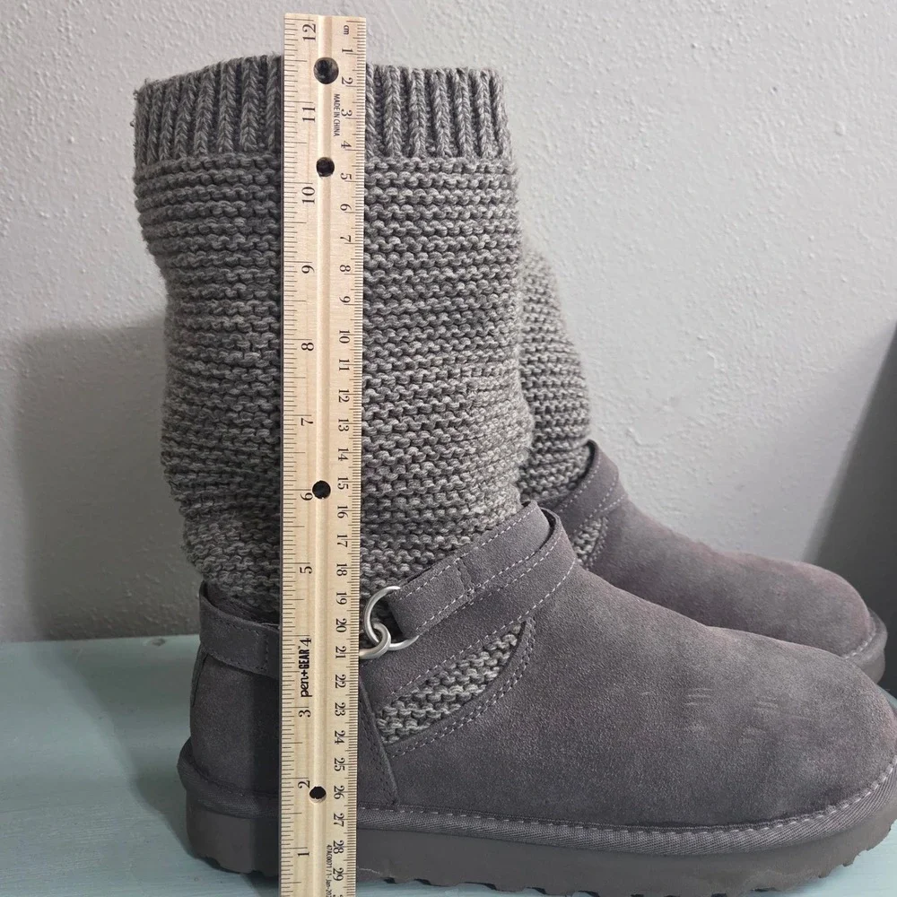 UGG Purl Strap Grey Suede Sweater Knit Mid Calf Cozy Boots 1098080 Womens 11